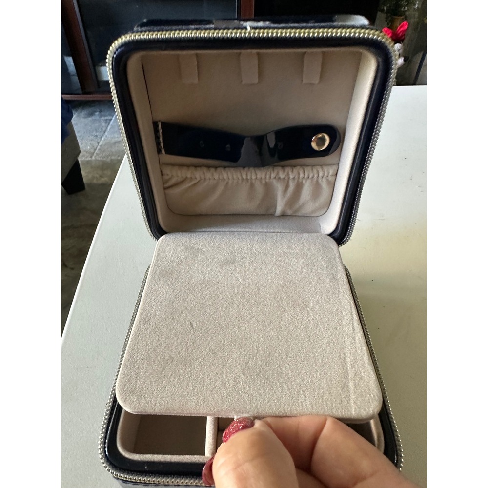 Navy Blue Patent Leather Jewelry Travel Organizer Box Mirror Zipper Compartments - Picture 3 of 6
